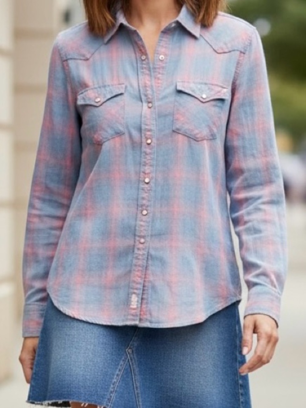 J Crew Blue and Pink Plaid Western Pearl Snap Button Long Sleeve Shirt NWT